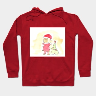 Human in Santa Claus hat near Christmas tree, character. Watercolor illustration on a winter theme, Hoodie